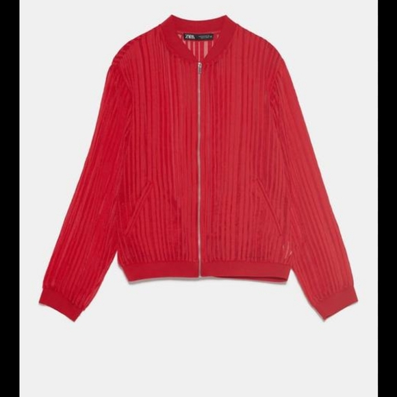 Zara Jackets & Blazers - Zara red striped organza Cropped bomber jacket, nwt  M